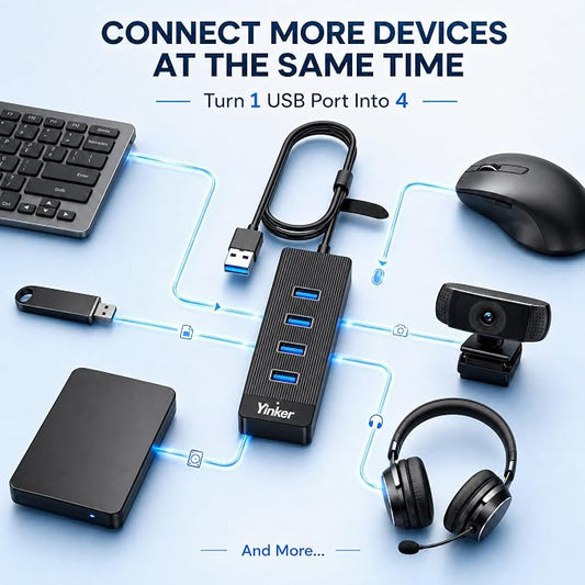 USB 3.0 Hub Long Cable 10FT, 4 Port USB Extension Data Cable USB Dock Extender for Desktop PC Laptop Mac, Windows, 5Gbps