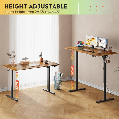 DEVAISE 55 Inch Electric Standing Desk, Adjustable Computer Desk for Home Office, Ergonomic Sit to Stand Desk with LED Touchscreen，Headphone Hook, 3 Memory Preset, with Split Top, Rustic Brown