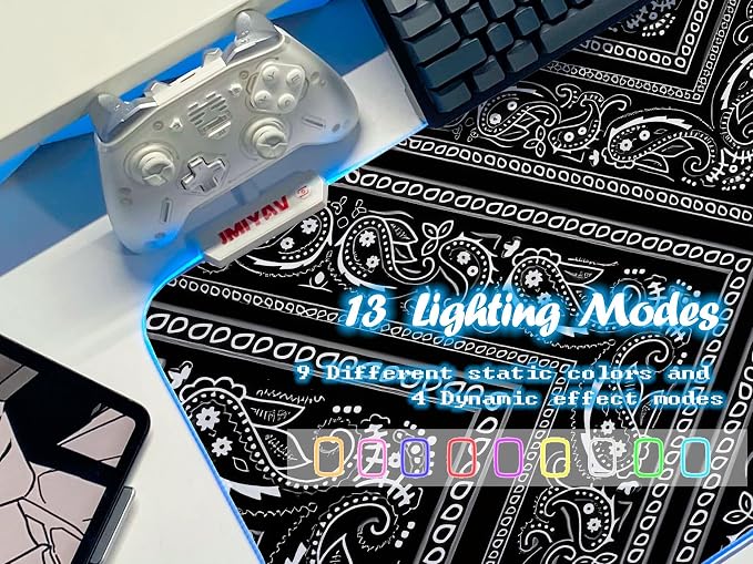 JMIYAV Black and White Mouse Pad RGB Gaming Mousepad 31.5x12 Inch PC XL Large Extended Glowing Led Light Up Desk Pad Non-Slip Rubber Base Computer Cute Mouse Mat Desk Accessories Gaming Setup 79-2340