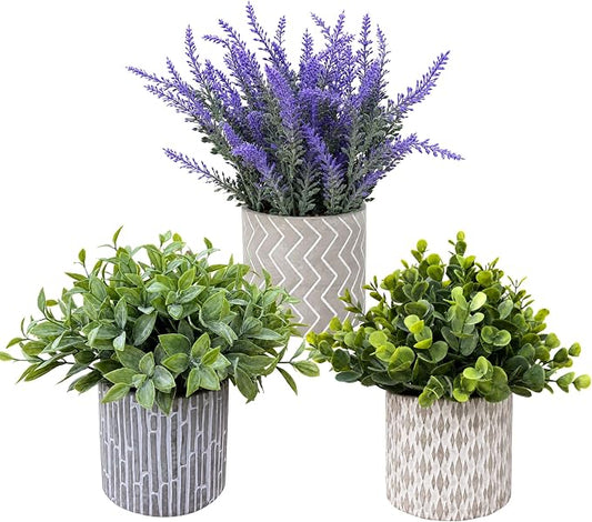 Set of 3 Artificial Potted Plants, Faux Eucalyptus Lavender and Tea Tree Greenery in Cement Pots, Small Fake Plants for Shelf Bathroom Office Desk Decor