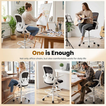Primy Ergonomic Drafting Chair with Flip-up Armrests Tall Office Chair for Standing Desk Comfortable Desk Chair with Adjustable Footrest Ring and Lumbar Support in Gray Perfect for Home (White)