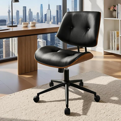 Home Office Desk Chair with Wheels, Adjustable Height Armless Desk Chairs, PU Leather Mid Back 360° Small Computer Chair for Study Meeting Makeup Room (Black)