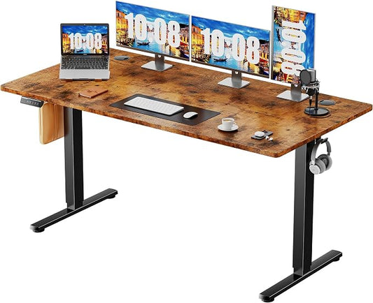 Sweetcrispy 55 Inch Electric Standing Desk, Height Adjustable Sit Stand Up Desk, Computer Workstation Home Office Gaming Rising Table with Memory Preset Splice Board, Rustic Brown