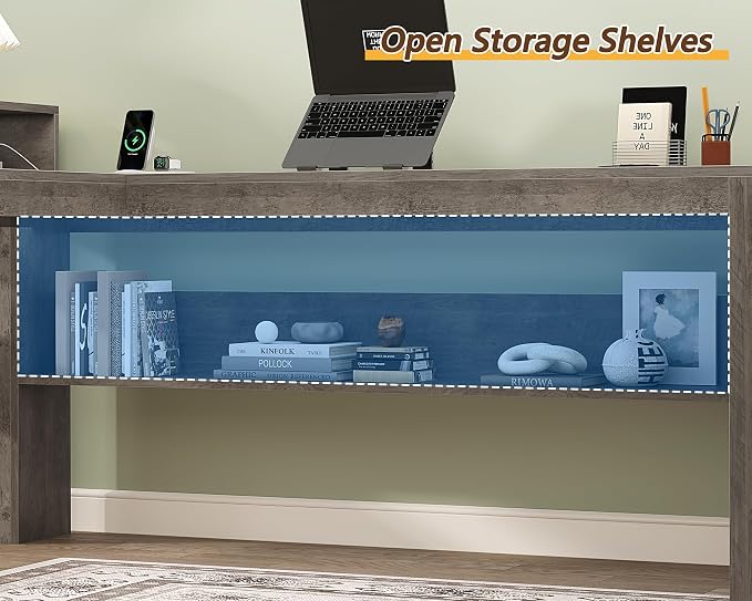 YOMILUVE Farmhouse 63" L Shaped Desk with Drawers, Home Office Desks with Storage Shelves and Printer Stand, Corner Computer Desk with Power Outlets and Monitor Stand,Grey