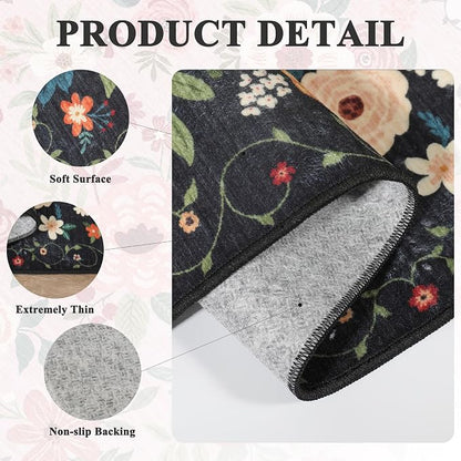 DUKINO 3x10 Runner Rug for Hallway, Washable Kitchen Floral Runner Rug with Non Slip Backing, Low Pile Soft Boho Carpet for Kitchen, Hallway, Entryway, Laundry, Bedroom, Black