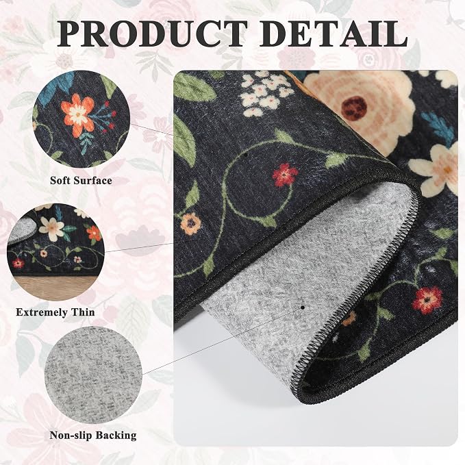 DUKINO 2.6x12 Kitchen Runner Rug, Lightweight Floral Washable Rug for Hallway, Boho Low Pile & Non Slip Backing Soft Floor Carpet for Entryway, Bedroom, Bathroom, Laundry, Black
