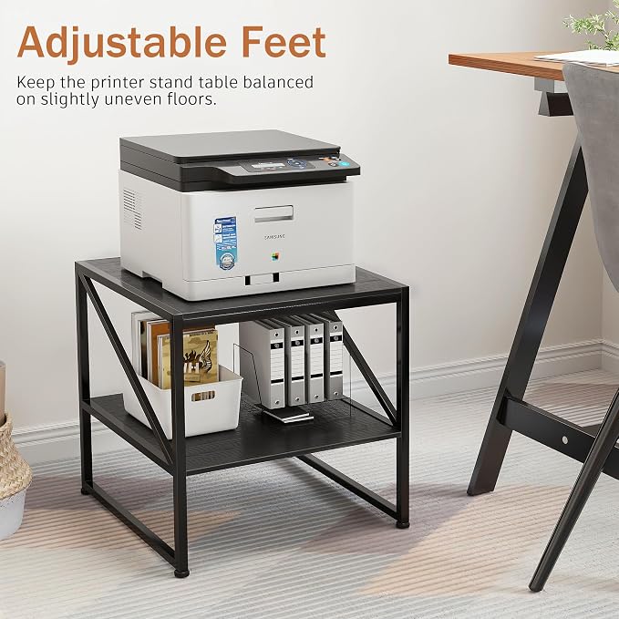 2-Tier Large Priner Stand with Storage Shelf, 20"×20" Under Desk Printer Table for Home Office, Mini Fridge Stand, End Table for Living Room, Heavy Duty Storage Rack for Scanner Fax Machine, Black