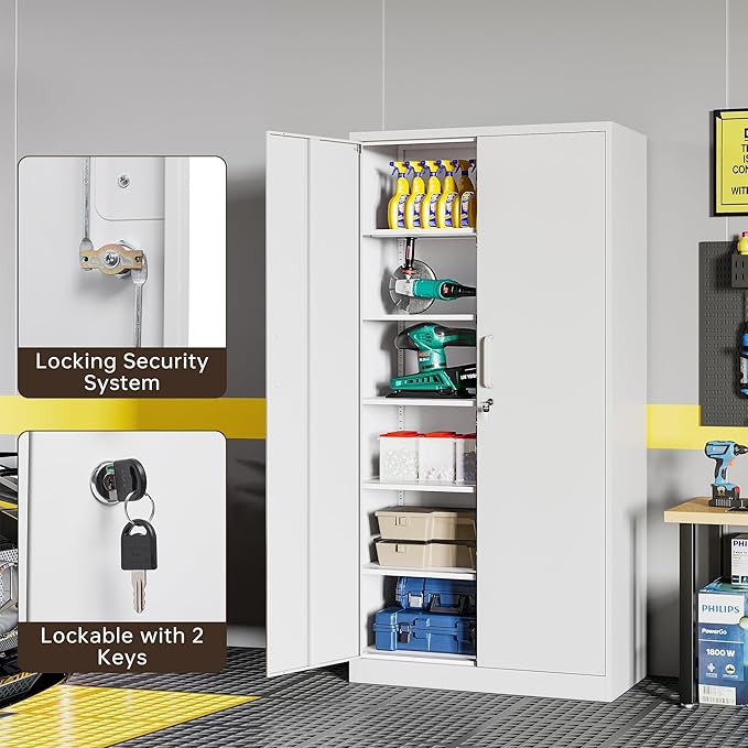 72"H Metal Storage Cabinets, Tall Locking Garage Cabinet with 2 Doors and 5 Adjustable Shelves, Steel Utility Tool Caninet, White Lockable Outdoor Storage Cabnet for Pantry, Garage, Home Office