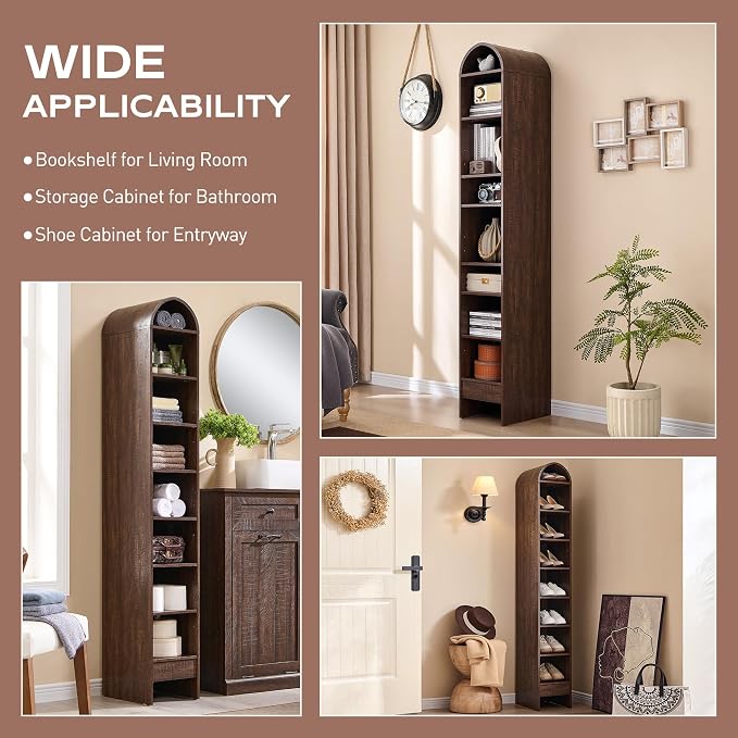 IFGET 67" Tall Arched Bookshelf, 8 Tiers Arch Bookcase with Storage, Modern Farmhouse Book Shelf with Adjustable Shelves, Wood Bookshelf w/Open Display Shelves for Living Room, Office (Brown)