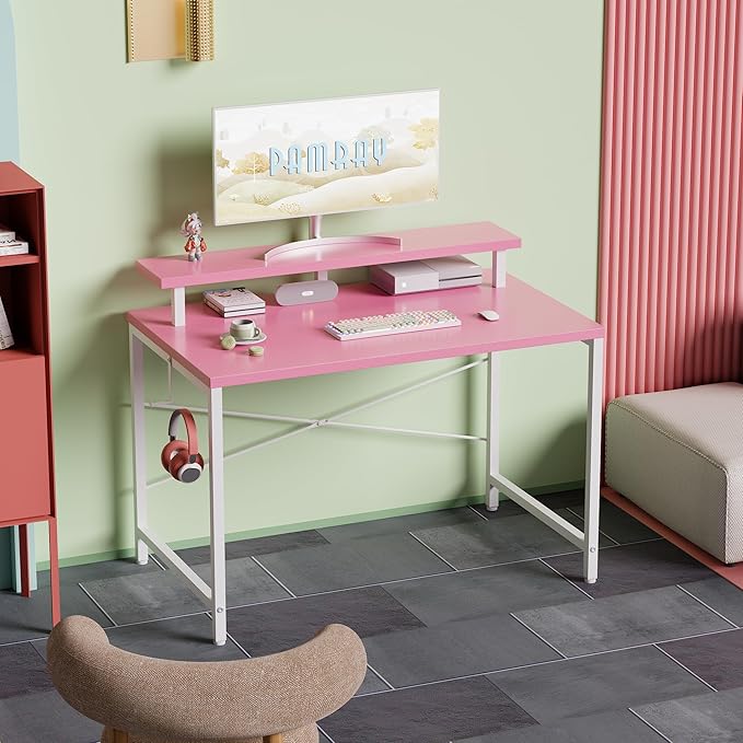 Pamray 32 Inch Small Computer Desk with Monitor Stand, Simple Office Desk with Headphone Hook for Small Spaces, Kids Study Writing Table for Bedroom, Pink