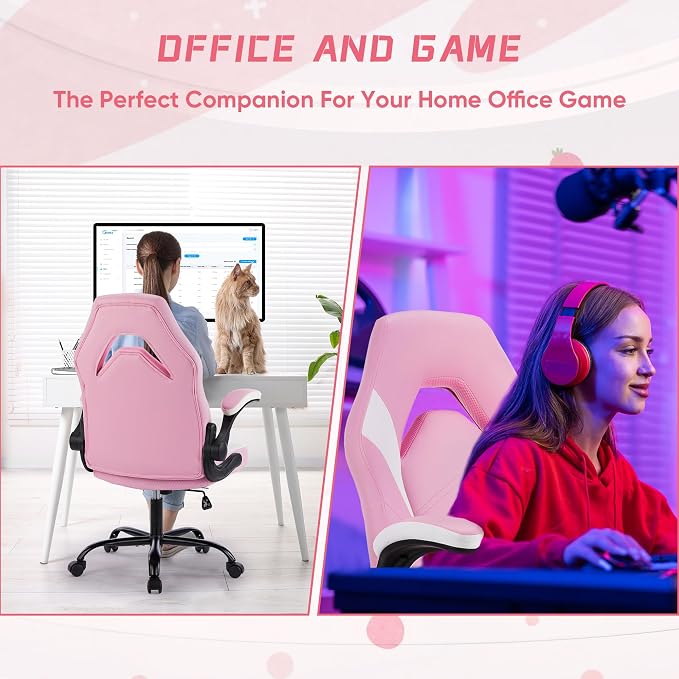 NEWBULIG Gaming Office Computer Chair – Ergonomic Mid-Back with Flip-Up Armrests, Adjustable Height, Lumbar Support & 360° Silent Swivel Wheels, PU Leather for Home/Office, Pink