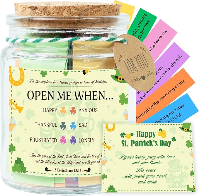 St Patricks Day Version Bible Verses Jar – St. Patrick’s Day Gifts for Women, 92 Bible Jar Folded by Hand, Glass Jar with Cork Lid, Gift Box