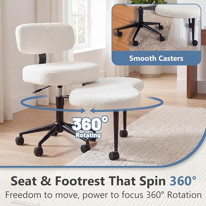 DUMOS Ergonomic ADHD Meditation Office Desk Chair with Adjustable Backrest, Cross Legged Chair Height Adjustable with 360° Swivel Footstool, Yoga Stool for Home Office, Teddy Fabric White