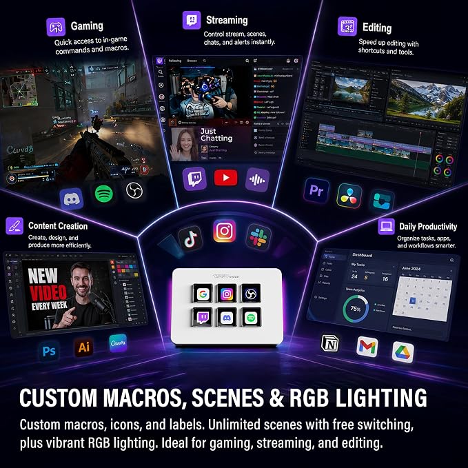 Mini Stream Controller Deck, Gaming Streaming Macro Pad Keypad, Shortcut Keyboard with 6 Programmable LCD Keys, Customizable Icons & RGB Light, USB Soundboard for Video Editing, OBS, PC, Mac