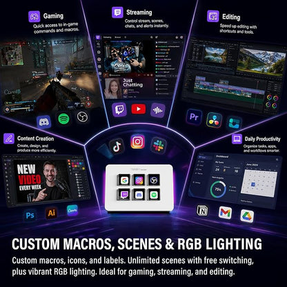 Mini Stream Controller Deck, Gaming Streaming Macro Pad Keypad, Shortcut Keyboard with 6 Programmable LCD Keys, Customizable Icons & RGB Light, USB Soundboard for Video Editing, OBS, PC, Mac