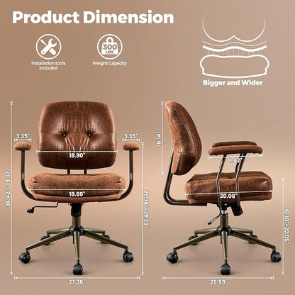 ovios Ergonomic Office Chair, Mid Back Faux Leather Executive Chairs with Thick Cushion, Comfy Mid-Century Modern Swivel Rolling Computer Armchair (Dark Brown, Suede Leather)