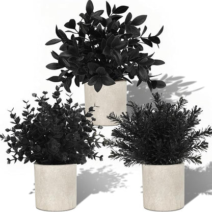 Der Rose 3 Pack Black Fake Plants Artificial Plants Plastic Eucalyptus for Bathroom Home Office Desk Farmhouse Room Table Black Christmas Decorations Gothic Decor Indoor