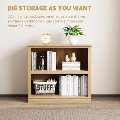 blini Bookshelf and Bookcase Set of 2, Wooden Oak Double Wide Large Bookshelves, 2 Tier Bookshelf with Storage Cabinets for Living Room, Home Office, Library (Oak, 2 - Shelf)