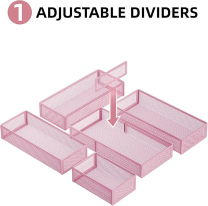 Marbrasse 5 Pack Desk Drawer Organizer Set, Mesh Drawer Storage Trays with 1 Adjustable Divider, Desk Organizers and Accessories, 5 PCS Drawer for Office Supplies, Makeup & Vanity (Pink)