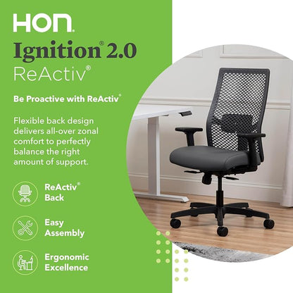 HON Ignition 2.0 ReActiv Ergonomic Office Chair, Mesh Desk Chair with Lumbar Support, Synchro‑Tilt Recline, Height and Width Adjustable Arms, Swivel Wheels, Black Frame, Graphite