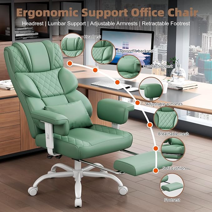 Vonesse Big and Tall Office Chair, Desk Chair with Soft Adjustable Armrests, Ergonomic High Back Gaming Chair with Lumbar Support, Executive Computer Chairs with Footrest (PU Leather, Green)