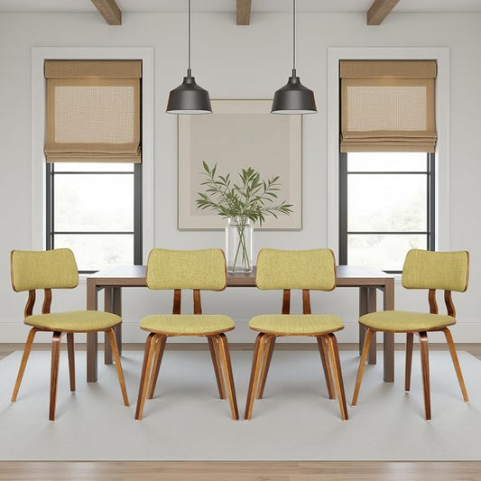 Armen Living Jaguar Mid-Century Dining Chair in Walnut Wood and Green Fabric - Set of 4