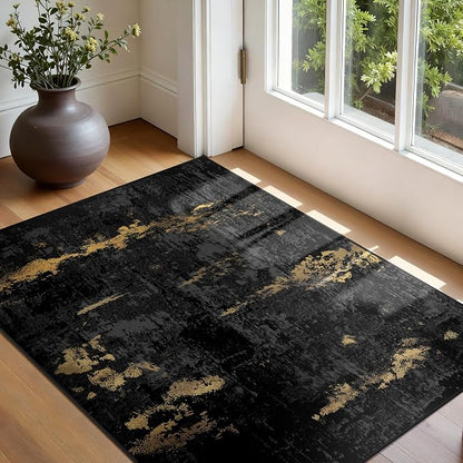 RELEANY Washable Area Rugs 3'x5' Non-Slip Modern Abstract Soft for Living Room Entryway Bedroom Kitchen, Print Pattern, Dark Black Gold
