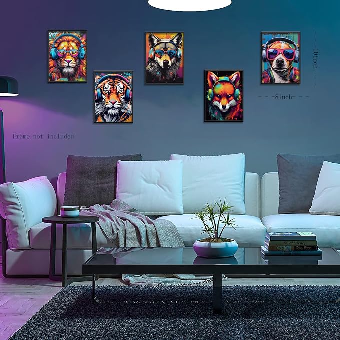 Ucninvd Graffiti Gaming Posters Wall Art Set of 9, Boys Gamer Controller Wall Decor Paintings, DJ Animals Earphone Picture Prints Boys Room Kids teeny for Room Bedroom Decoration 8x10In Unframed