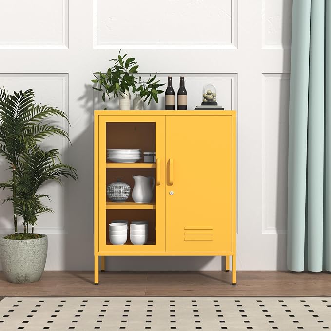 Yellow Food Storage Cabinet with Lock, 2-Door Steel Cabinet, 2 Adjustable Shelves, Metal Pantry Locker Freestanding Kitchen Storage Locker for Dining Room Living Room Size:33" H X 29.5" W X 13.8" D