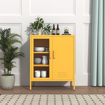 Yellow Food Storage Cabinet with Lock, 2-Door Steel Cabinet, 2 Adjustable Shelves, Metal Pantry Locker Freestanding Kitchen Storage Locker for Dining Room Living Room Size:33" H X 29.5" W X 13.8" D