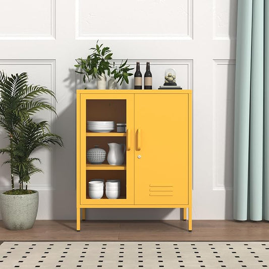 Yellow Food Storage Cabinet with Lock, 2-Door Steel Cabinet, 2 Adjustable Shelves, Metal Pantry Locker Freestanding Kitchen Storage Locker for Dining Room Living Room Size:33" H X 29.5" W X 13.8" D
