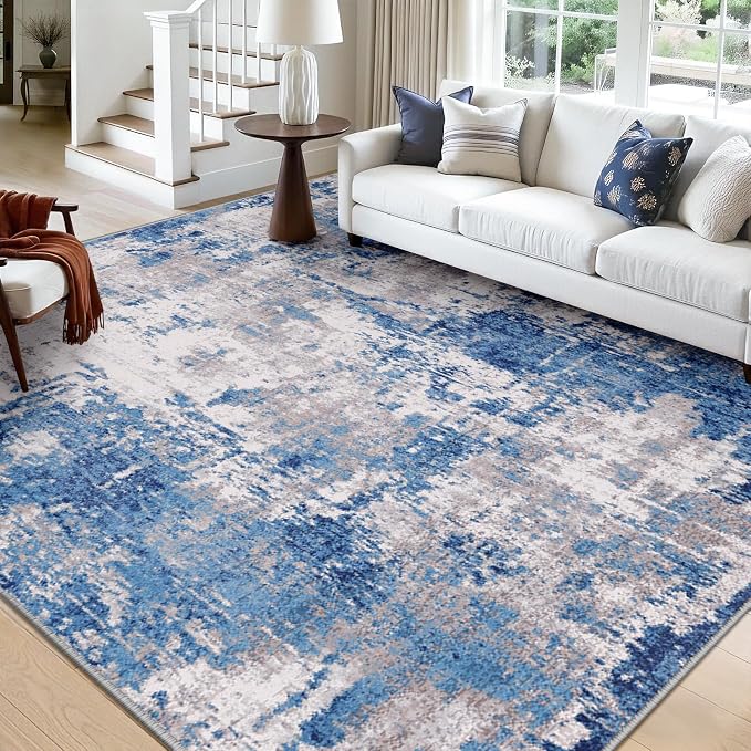 RELEANY Washable Area Rugs Square 10ft Non-Slip Modern Abstract Soft for Living Room Entryway Bedroom Kitchen, Print Pattern, Blue Grey Navy Gray