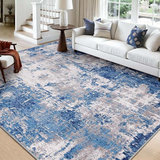 RELEANY Washable Area Rugs Square 10ft Non-Slip Modern Abstract Soft for Living Room Entryway Bedroom Kitchen, Print Pattern, Blue Grey Navy Gray
