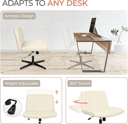 Orange Factory Criss Cross Chair No Wheel Wide Cross Legged Office Desk Vanity Chair Comfy Fabric Armless Adjustable Swivel for Home Computer Task (Beige No Wheel, Classic Fabric)