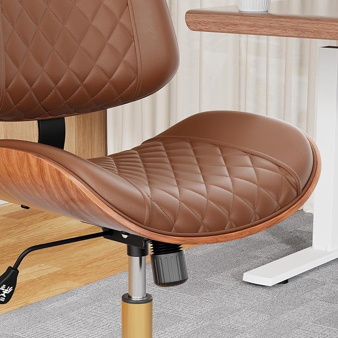 Home Office Desk Chair with Swivel Wheels, Modern PU Leather Armless Office Chair, Small Mid Back Computer Chair for Home Office, Reading Meeting Room (Coffee Brown, Gold Wheels)