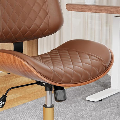 Home Office Desk Chair with Swivel Wheels, Modern PU Leather Armless Office Chair, Small Mid Back Computer Chair for Home Office, Reading Meeting Room (Coffee Brown, Gold Wheels)