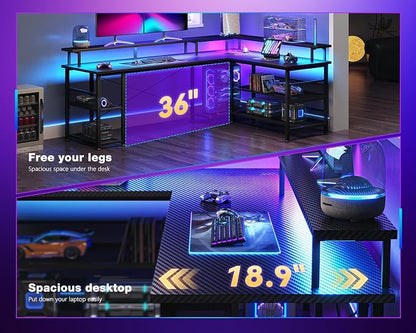 ODK 66" L Shaped Gaming Desk with Power Outlet and LED Lights, PC Gaming Table with Carbon Fiber Texture, Reversible L Shape Desk with Storage Shelves & Monitor Stand, Home Office Desk, Black