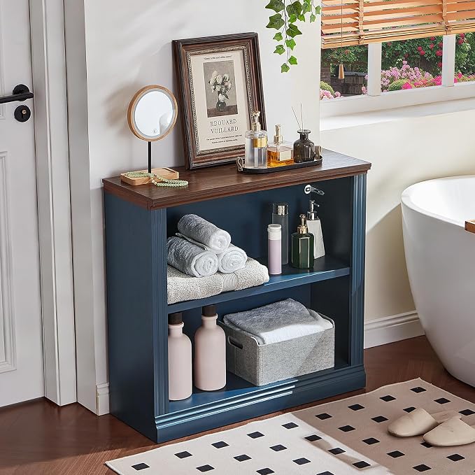 RWYHG 30" Blue Bookshelf Set of 2,2-Tier Thick Wood Book Shelf with Adjustable Shelves,Free Standing Farmhouse Bookcase with Open Display Storage,Floor Vintage Bookshelves for Living Room,Office