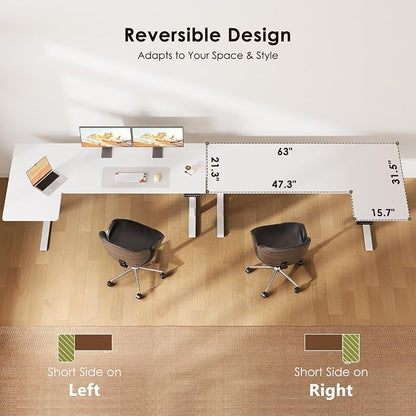 OffiGo Electric L Shaped Standing Desk, 63 Inches Height Adjustable Table, Reversible Corner Stand Up Desk, Lifting Computer Table for Home Office, Computer Workstation, White