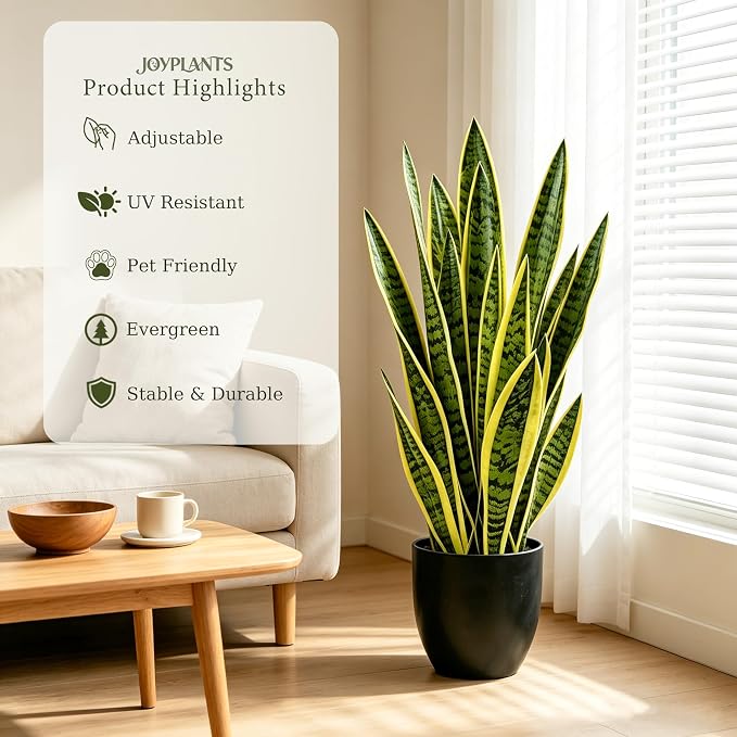 Fake Snake Plant 35'',3ft Artificial Gold Snake Plants Indoor with Black Planter, Realistic Faux Sansevieria Potted for Home Decor, Low Maintenance Greenery for Desk Office Corner Bedroom