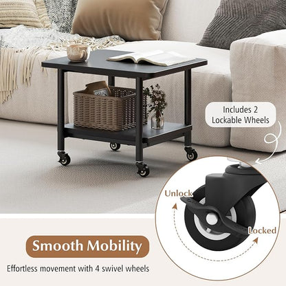 GOFLAME Under Desk Printer Stand, 2-Tier Mobile Printer Table with Storage Shelf, Metal Frame, Rolling Printer Cart Holder Storage Rack with Lockable Wheels for Home Office, Black