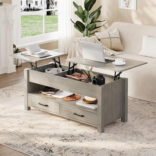 IDEALHOUSE 47.2" Coffee Table with Storage, Multi-Function Lift Top Coffee Table with Wooden Lift Tabletop, 2 Drawers and Hidden Compartment, Central Table for Living Room Home Office, Grey