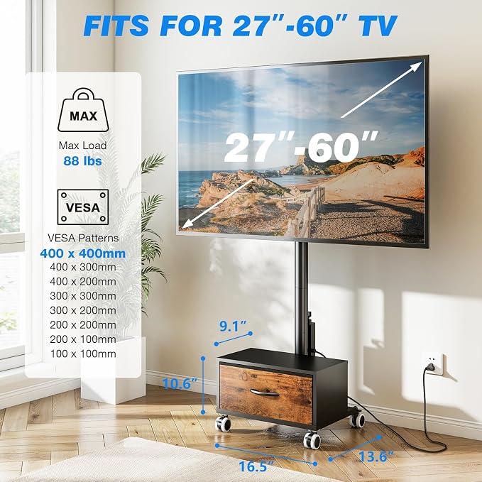 Rfiver Rolling TV Stand with Power Outlet and Drawer for 32-60 Inch TVs, Swivel Mobile TV Cart with Wheels, 6-Level Height Adjustable Floor TV Mount up to 88lbs, Max VESA 400x400mm