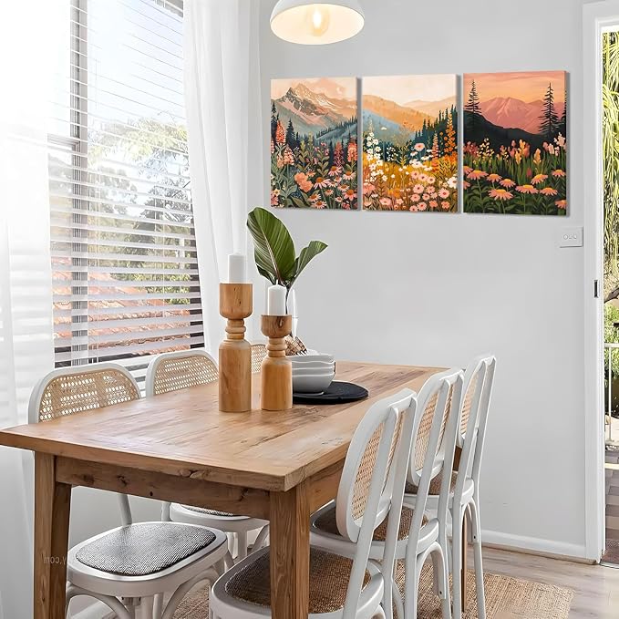 Boho Colorful Watercolor Mountain Canvas wall art Set of 3, Wildflower Posters Wall Decor, Abstract Nature Landscape Artwork Paintings Picture Print for Living Room Bedroom Office 16x24In Framed