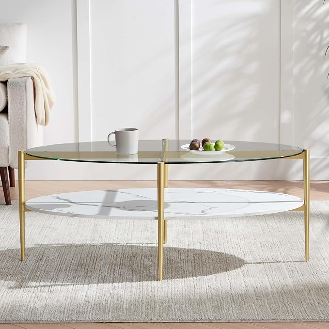 LumFurn Oval Glass Coffee Table, Mid-Century Modern Design, L43 x W22 x H17 inch, Surfboard Shaped Clear Glass Top and White Marble Finish Wood Shelf, Tapered Legs with Gold Finish Frame