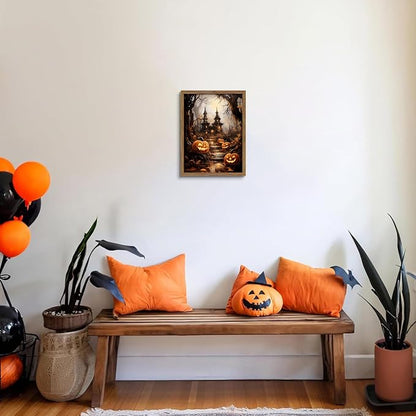 Framed Vintage Halloween Wall Art - Spooky Haunted House Canvas Print, Gothic Halloween Wall Decor, Fall Pumpkin Picture Painting for Living Room Bedroom Home, 12x16in Wood Frame