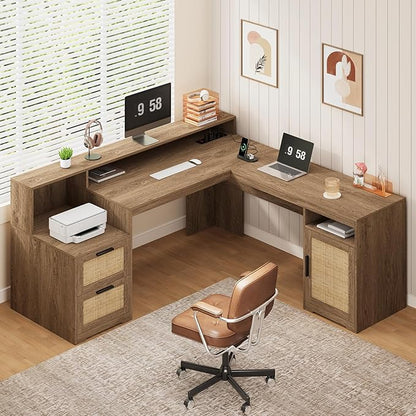 YOMILUVE 63" Farmhouse L Shaped Executive Desk with Drawers & Storage Shelf, Corner Rattan Computer Desk with Power Outlets, L Shaped Office Desk with Monitor Stand, Printer Shelf