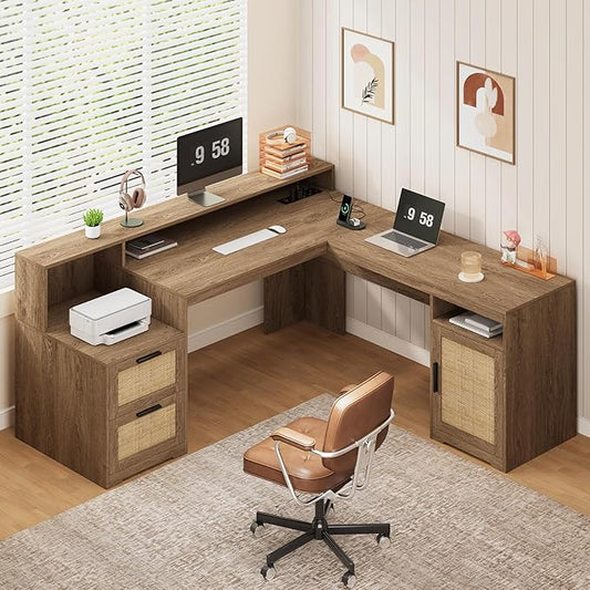 YOMILUVE 63" Farmhouse L Shaped Executive Desk with Drawers & Storage Shelf, Corner Rattan Computer Desk with Power Outlets, L Shaped Office Desk with Monitor Stand, Printer Shelf