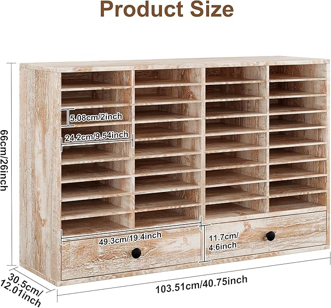 TQAVI Wood Classroom Mailbox 36 Compartments with 2 Drawer, Large Paper Organizer with Adjustable Shelves to Sorting Literature Bill, A4 Size File Organizer for Office School Home, Retro White