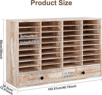 TQAVI Wood Classroom Mailbox 36 Compartments with 2 Drawer, Large Paper Organizer with Adjustable Shelves to Sorting Literature Bill, A4 Size File Organizer for Office School Home, Retro White